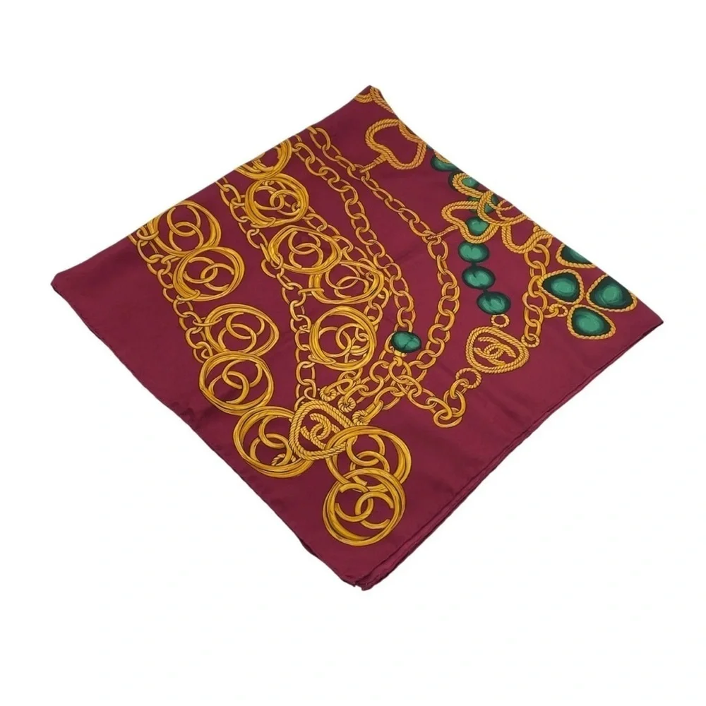 Auth Chanel gold chain and medallion design, Silk Scarf